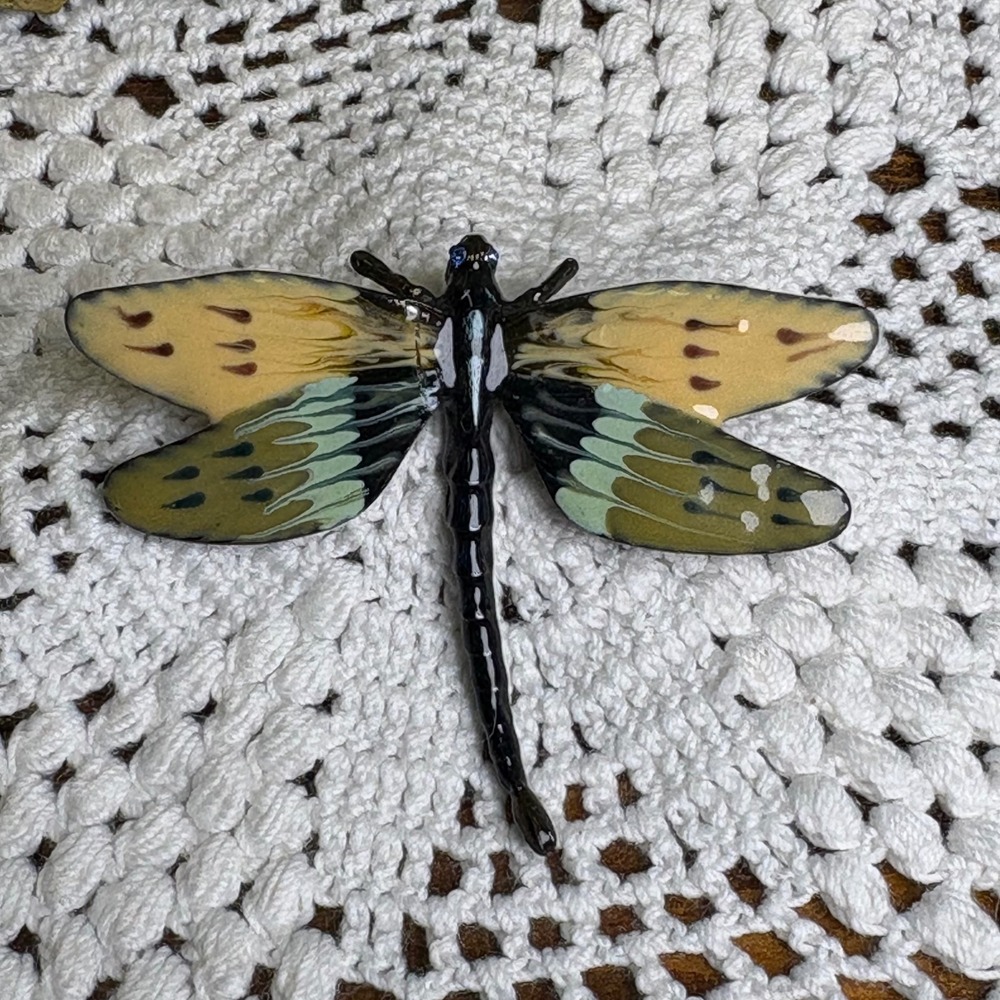 Vintage E Pearl Yellow Green Dragonfly Brooch Whimsigoth Enamel Rhinestone